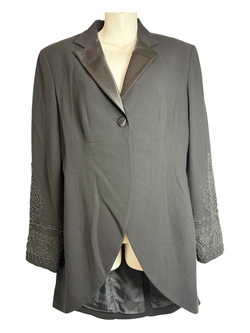 DKNY Vintage Tuxedo Jacket Black Wool Silk Embroidered Coat 8 Steampunk Blazer